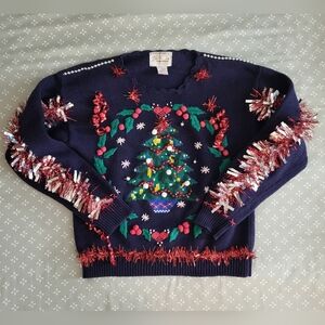 Festive Christmas Tree Sweater with Tinsel Accents